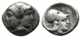 Mysia, Lampsakos. c.390-330 BC. AR Diobol (11mm, 1.27g). Janiform female head, with circular earring / [ΛΑ]-Μ; helmeted head of Athena right . SNG von...