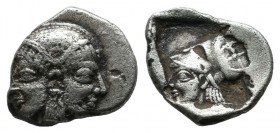 Mysia, Lampsakos. Circa 500-450 BC. AR Obol (10mm, 0.88g). Female janiform head. / Helmeted head of Athena left within incuse square. SNG BnF 1128-31.