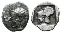 Mysia, Lampsakos. Circa 500-490 BC. AR Diobol (12mm, 1.14g). Female janiform head, wearing taenia, earring and necklace / Head of Athena left, Corinth...