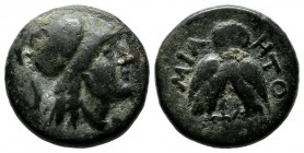 Mysia, Miletopolis. Circa 2n-1st centuries BC. AE (17mm, 5.96g). Helmeted head of Athena right / MIΛΗΤΟ. Double-bodied owl standing facing. SNG France...