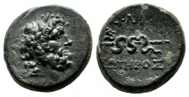 Mysia, Pergamon. Circa 200-30 BC. AE (14mm, 3.34g). Laureate head of Asklepios right / AΣKΛHΠIOY ΣΩTHPOΣ, serpent-entwined staff. SNG von Aulock 1373....