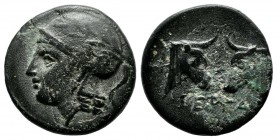Mysia, Pergamon. Circa 310-282 BC. AE (17mm, 4.01g). Helmeted and laureate head of Athena left / ΠEΡΓA. Confronted heads of bulls; ivy leaf above. SNG...