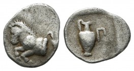 Mysia, Proconnesus. Circa 400-280 BC. AR Obol (11mm, 0.50g). Forepart of horse left; grape bunch to right. / Oinochoe; Π to right; all within incuse s...