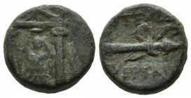 Pamphylia, Perge. Circa 50-30 BC. AE (15mm, 4.74g). Cult statue of Artemis Pergaia facing within distyle temple / AΡTEMIΔOΣ / ΠEΡΓAIAΣ, Bow and quiver...