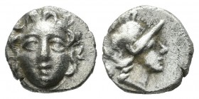 Pisidia, Selge. Circa 350-300 BC. AR Obol (9mm, 0.81g). Facing gorgoneion / Helmeted head of Athena right; behind, astralagos. SNG BN 1930-3.