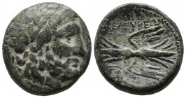 Seleucis and Pieria. Circa 2nd-1st centuries BC. AE (25mm, 14.61g). Laureate head of Zeus right / ΣΕΛΕΥΚΕΩΝ. Winged thunderbolt; monogram to lower lef...