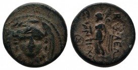 Seleukid Kingdom, Antiochos I Soter, c.281-261 BC. Æ (13mm-2,64g). Smyrna or Sardes. Helmeted head of Athena facing. / BAΣΙΛΕΩΣ ΑΝΤΙΟΧΟΥ. Nike advanci...
