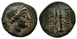 Seleukid Kingdom. Demetrios I Soter. Circa 162-150 BC. AE Serrate (14mm, 2.69g). Bust of Artemis right, wearing stephane, bow and quiver over shoulder...