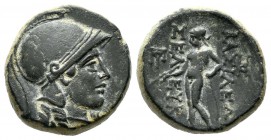 Seleukid Kingdom. Seleukos II Kallinikos. Circa 246-225 BC. AE (15mm, 5.44g). Sardes mint. Helmeted head of Athena right / Apollo standing left, testi...
