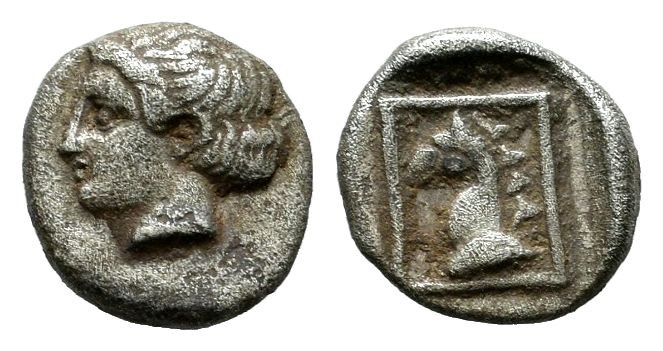 Troas, Assos. Ca. 400 BC. AR Hemiobol (7mm, 0.42g). Female head left / Head of g...