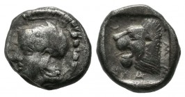 Troas, Assos. Circa 500 BC. AR Triobol or Hemidrachm (11mm, 1.75g). Helmeted head of Athena left / AΣΣION. Head of lion left within incuse square. Num...