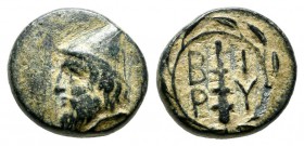 Troas, Birytis. ca.300 BC. AE (10mm, 1.29g). Head of Kabeiros left wearing pilos. / Club between BIPY in wreath (S. 4058).