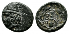Troas, Birytis. Circa 300 BC. AE (11mm, 1.30g). Head of Kabeiros left wearing pilos. / Club between BIPY in wreath (S. 4058).