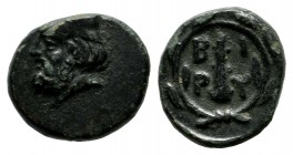 Troas, Birytis. Circa 350-300 BC. AE (11mm, 1.39g). Head of Kabeiros left, wearing pileus, between two stars / BIPY in two lines across field, club, a...