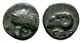 Troas, Gargara. Ca 400 BC. AE (7mm, 0.49g). Laureate head of Apollo left / ΓAP. Head of ram right within incuse circle. SNG von Aulock -; SNG Copenhag...