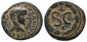 Antioch. Elagabalus, AD 218-222. AE (20mm, 6.68g). [AVT] KAI MAP AV AN[TΩNԐINOC CԐ], laureate head right / SC, within wreath; ΔԐ above, eagle below. M...