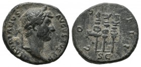 Hadrian, AD.117-138. AE (15mm, 3.01g), Quadrans. Rome mint. HADRIANVS AVGVSTVS P P. Laureate head right. / COS III / S C. Aquila between two signa. RI...