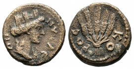 Lydia, Nysa. Pseudo-autonomous issue AD 138-192. AE (15mm, 3.42g). ΝVСΑЄΩΝ, turreted and draped bust of Tyche right / KOPOC, bundle of five grain ears...
