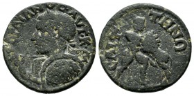 Lydia, Saitta. Gordian III. 238-244 AD. AE (22mm, 6.21g). Laureate and cuirassed bust left, holding spear over right shoulder, shield on left arm / He...