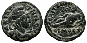 Lydia, Saitta. Pseudo-autonomous issue. Circa AD 200-300. AE Diassarion (19mm, 3.77g). ΑΖΙΟΤ-ΤΗΝΟC; draped bust of Mên Aziottenos to right, wearing Ph...