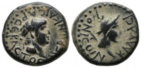 Lykaonia, Iconium. Nero, AD 54-68. AE (19mm, 6.48g). NEPWN KAICAP CEBACTOC, laureate head right / KΛAYΔEIKONIEWN, head of Perseus right, with harpa. R...