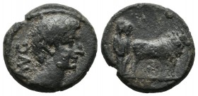 Macedon, Uncertain (Philippi?). Augustus, 27 BC-AD 14. AE (16mm, 4.49g). AVG. Bare head right / Two pontiffs driving yoke of oxen right, plowing pomer...