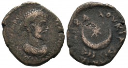 Mesopotamia, Carrhae. Septimius Severus 193-211 AD. AE (23mm, 6.88g). Laureate head right / Star of six rays within crescent.