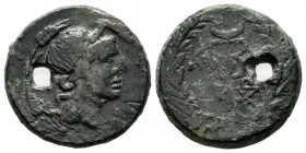Mysia, Kyzikos. Pseudo-autonomous issue. ca.1st century AD. Æ (20mm, 5.57g). Head of Kore right, grain ear in hair, within a wreath of grain / K-Y/ZI,...
