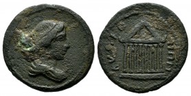 Mysia, Kyzikos. Time of Commodus, 180-192 AD. AE (18mm, 3.37g). Draped bust of Kore-Soteira right / KVZIKHNΩN, octostyle temple. SNG BN Paris 594.