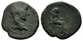 Mysia, Poemanenum. Tiberius. AD 14-37. AE (17mm, 4.77g). Laureate head right / Livia (as Pax) seated right, holding olive-branch and scepter. RPC I 22...