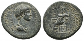 Phrygia, Acmoneia. Nero. AD. 54-68. AE (19mm, 4.33g). Circa AD. 62. Laureate head right; behind, caduceus; before, crescent / Zeus seated left on thro...