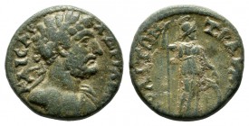 Phrygia, Trajanopolis. Hadrian (117-138). AE (13mm, 1.71g). ΚΑΙСΑΡ ΑΔΡΙΑΝΟС. Laureate bust right, with slight drapery / ΤΡΑΙΑΝΟΠΟΛΙΤΩΝ. Athena standin...