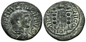 Pisidia, Antiochia. Philip I AD.244-249. AE (23mm, 7.98g). IMP M IVL PHILIPPVS A. Radiate, draped, and cuirassed bust right / ANTIO-CHI CO/LON. Aquila...