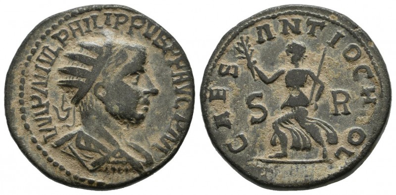 Pisidia, Antiochia. Philip II. AD 247-249. AE (25mm, 11.75g). Radiate, draped, a...