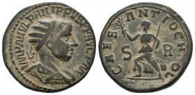 Pisidia, Antiochia. Philip II. AD 247-249. AE (25mm, 11.75g). Radiate, draped, and cuirassed bust right / Pax advancing left, holding branch and scept...