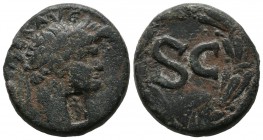 Seleucis and Pieria, Antioch. Nero. AD 54-68. AE (25mm, 14.14g). Laureate head right / S C within circle, laurel-wreath around. Countermark; Roma stan...