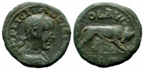 Troas, Alexandreia. Gallienus AD 253-268. AE (20mm, 4.93g). IMP LICINI GALLIENVS, laureate, draped and cuirassed bust right / COL AVGO, horse grazing ...