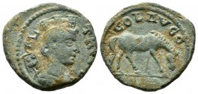 Troas, Alexandreia. Gallienus AD 253-268. AE (22mm, 6.58g). AVOL TRO, turreted and draped bust of Tyche right; vexillum behind / COL AVG TRO, horse gr...