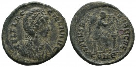 Aelia Flaccilla, Augusta. AD 379-386/8. AE Follis (22mm, 4.97g). Constantinople, AD 379-383. AEL FLACILLA AVG Diademed and draped bust of Aelia Flacil...