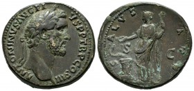 Antoninus Pius. AD 138-161. AE Sestertius (32mm, 26.93g). Rome, AD 140-144. ANTONINVS AVG PIVS P P TR P COS III Laureate head of Antoninus Pius to rig...