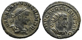 Aurelian, with Vaballathus. AD. 270-275. AE Antoninianus (20mm, 3.65g). Antioch mint, struck AD. 270-272. VABALATHVS VCRIMDR, laureate, draped and cui...