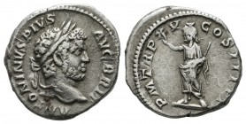 Caracalla. AD 198-217. AR Denarius (18mm, 2.85g). Rome. Struck 212 AD. Laureate bust right, seen from behind / Serapis standing facing, head left, ext...