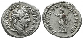 Caracalla. AD 198-217. AR Denarius (18mm, 3.23g). Rome. Struck AD 213. Laureate head right / Serapis standing left, raising hand and holding transvers...