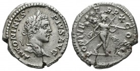 Caracalla. AD 198-217. AR Denarius (19mm, 3.11g). Rome. Struck AD 207. Laureate head right / PONTIF TR P X COS II, Mars, nude but for cloak flying fro...