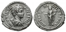 Caracalla. AD 198-217. AR Denarius (19mm, 3.38g). Rome, AD 201-206. ANTONINVS PIVS AVG, Laureate and draped bust of Caracalla to right, seen from behi...