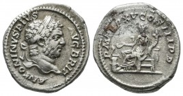 Caracalla. AD 198-217. AR Denarius (19mm, 3.47g). Rome. Laureate and bearded head right / Salus seated left, holding cornucopia and feeding out of pat...