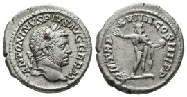 Caracalla. AD 198-217. AR Denarius (19mm, 3.61g). Rome. Laureate and bearded head right / Sol standing left, raising hand and holding globe. RIC IV 28...