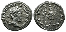 Caracalla. AD 211-217. AR Denarius (17mm, 2.83g). Rome. ANTONINVS PIVS AVG BRIT, laureate head right / PROFECTIO AVG, Caracalla standing right with sp...