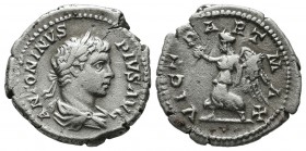 Caracalla. AD 211-217. AR Denarius (19mm, 3.30g). Rome. ANTONINVS PIVS AVG, laureate and draped bust right / VICT PART MAX, Victory advancing left, ho...