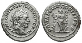 Caracalla. AD 211-217. AR Rome Denarius (20mm, 3.02g). ANTONINVS PIVS AVG GERM, laureate head right / P M TR P XVIII COS IIII P P, helmeted Fides Mili...